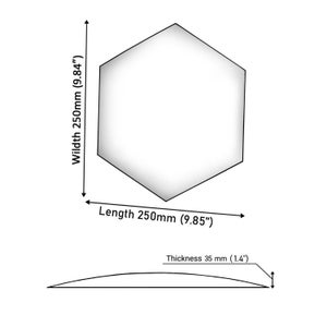 Puede incluir: Un objeto hexagonal blanco con dimensiones etiquetadas. El ancho y la longitud son de 250 mm cada uno. El grosor es de 35 mm. El objeto tiene un perfil ligeramente curvado.