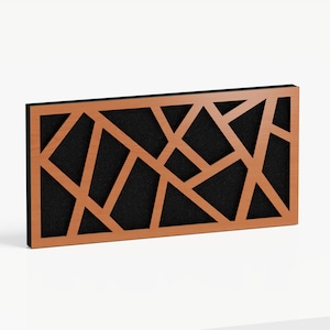 May include: A rectangular wooden panel with a geometric design. The panel features a light brown, laser-cut wooden frame with a black interior. The design consists of intersecting lines and shapes, creating an abstract pattern. The panel is designed for wall decor.