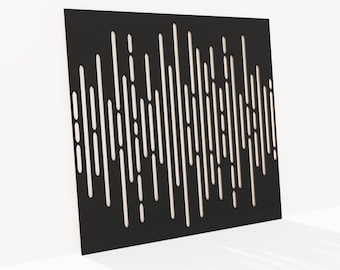May include: A black, square decorative panel with a pattern of vertical, irregular cutouts. The cutouts vary in length and spacing, creating a dynamic visual effect. The panel is leaning against a white wall, casting a shadow.