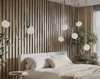 Panel acústico de listones de madera con rayas «Pluta-5» / Ancho de la tira: 5 cm / Decoración de pared / Paneles decorativos de madera para el hogar y el estudio