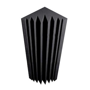 May include: A black acoustic foam panel with a wedge-shaped design. The panel has a series of vertical, pointed ridges, creating a textured surface. The foam is designed to absorb sound and reduce echoes.