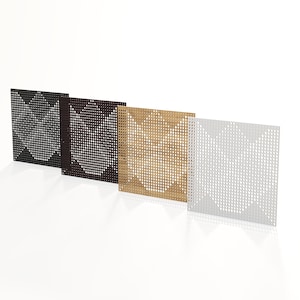 Könnte beinhalten: Vier quadratische Dekorplatten in einer Reihe, jede mit einem geometrischen Muster aus kleinen Löchern. Die Platten sind in Schwarz, Dunkelbraun, Gold und Weiß gehalten. Das Design zeigt eine sich wiederholende pfeilartige Form.