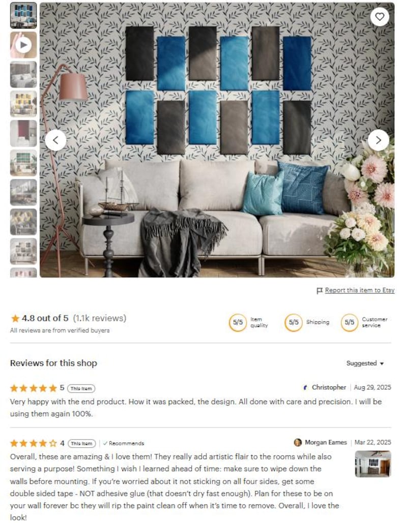 RECTANGULAR Upholstered Headboard Panels | Velvet Wall Decor Tiles | Soft Padded Bed Back Panels | Modern Bedroom Wall Art image 5