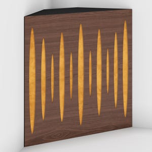 May include: A wooden panel with a dark brown background and vertical, golden-yellow, elongated shapes. The shapes are evenly spaced and create a rhythmic pattern. The panel has a black top edge and is set in a corner.