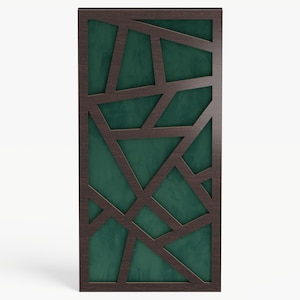 May include: A rectangular wooden panel with a dark brown frame and a geometric design. The design features interconnected angular shapes, set against a textured green background. This panel is a decorative element.