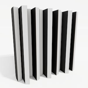 May include: Acoustic panels arranged in a row, alternating between white and black. The panels are rectangular and stand upright, creating a striped pattern. The image is a studio shot with a white background.
