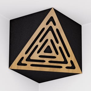 May include: Acoustic panel with a geometric design. The panel is a black hexagon with a light brown wooden triangle cut-out in the center. The triangle has a maze-like pattern. The panel is mounted in a corner.