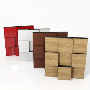 May include: A collection of decorative wall panels in various colors and finishes. The panels are arranged in a grid-like pattern, with a glossy red, white, dark wood, and light wood grain finish. Each panel has a black border.