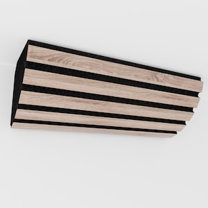 May include: Angled acoustic panel featuring alternating light wood and black stripes. The panel has a rectangular shape with a beveled edge, designed for sound absorption and interior design. The wood grain adds a natural aesthetic.