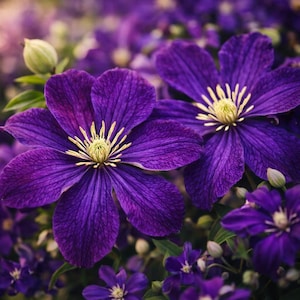 May include: Close-up of vibrant purple clematis flowers with yellow stamens. The petals have a textured appearance, and the flowers are surrounded by green leaves and buds. The image showcases the beauty of nature.