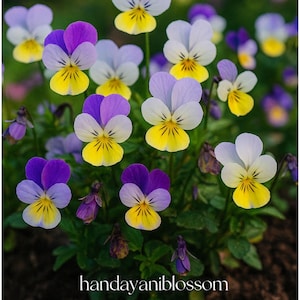 May include: A close-up of several pansy flowers in full bloom. The flowers have a mix of colors, including purple, yellow, and white. The petals are delicate and layered, with a textured appearance. The image also includes green foliage and the text "handayaniblossom".