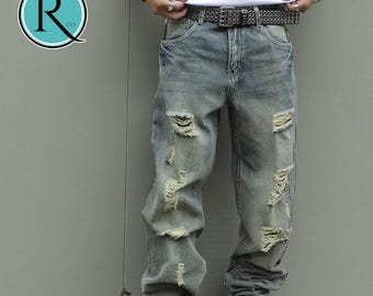 Men's Ripped Denim Jeans | High Waisted Distressed Pants | Streetwear Y2k Vintage Fashion