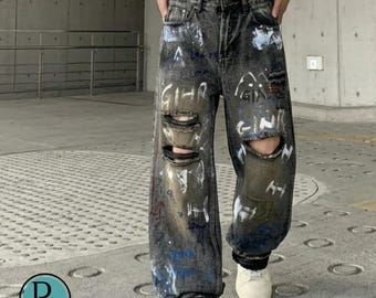 Ripped Graffiti Jeans | Loose Straight Denim Pants | Daily Wear | High Street Style