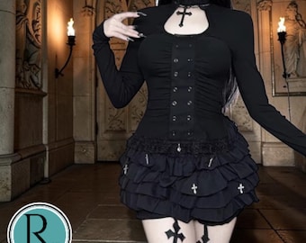 Gothic Long Sleeve | Lace Cross Choker Slim Top | Grunge Y2K Streetwear