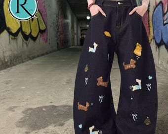 Embroidered Baggy Jeans | Denim Wide Leg Pants | Casual Wear | Y2K Streetwear Fashion