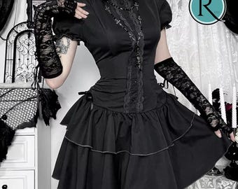 A Line Gothic Dress | Lace Up Short Sleeve Mini | Dark Partywear | Chic Alt Style