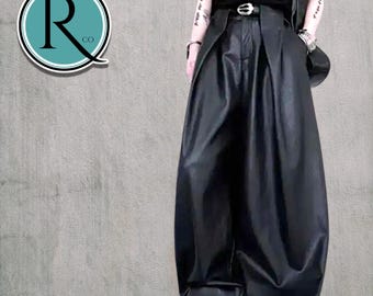 Leather Wide Leg Trousers | Baggy Curved Pleated Pants | Modern Y2K Streetwear