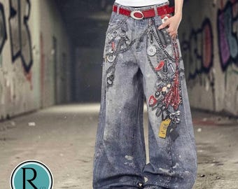 Punk Wide Leg Jeans | Korean Harajuku Streetwear with Chain Print | Y2K Hip-hop Pants