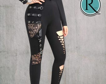 Gothic Hollow Out Pants | Buckle Strap Patchwork Leggings | Y2K Grunge Punk Streetwear