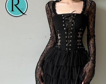 Lace Patchwork Gothic Mini Dress | Long Sleeve Y2K Fashion