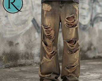 Ripped Denim Jeans | High Waisted Distressed Pants | Streetwear Y2k Vintage Fashion
