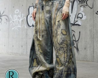 Washed Denim Pants | Utility Wide Leg Jeans | Casual Y2K Streetwear | Avant Garde Trend