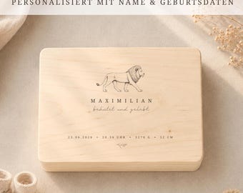 Personalisierte Baby Erinnerungskiste aus Holz – Löwe mit Name & Geburtsdaten – Geschenk zur Geburt – Erinnerungsbox Baby – Memory Box