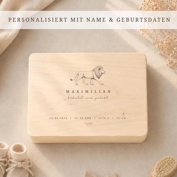 Personalisierte Baby Erinnerungskiste aus Holz – Löwe mit Name & Geburtsdaten – Geschenk zur Geburt – Erinnerungsbox Baby – Memory Box