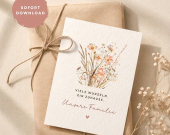 Patchwork Familiekaart "Viele Wurzeln, ein Zuhause", druckbare Muttertagskaart, Bonus Mama Karte (sofort-download)