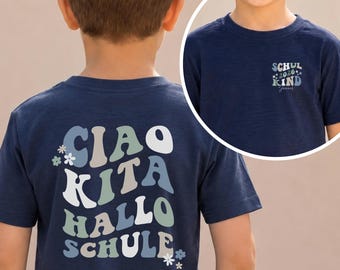 Personalisiertes Shirt zur Einschulung „Ciao Kita Hallo Schule“ | Retro Kinder Shirt mit Front- & Backprint für Jungen und Mädchen