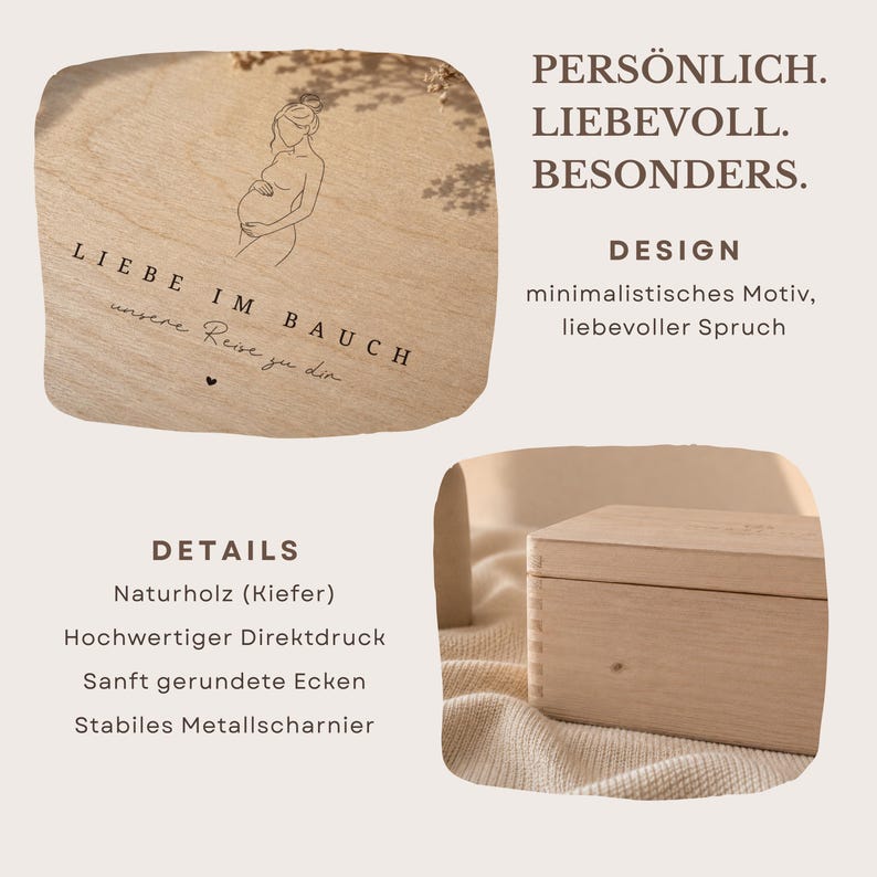 Op de afbeelding: Een lichtgekleurde houten kist met een deksel, met een minimalistisch ontwerp van een zwangere persoon en tekst. De kist heeft afgeronde hoeken en een metalen scharnier. De tekst op het deksel luidt "LIEBE IM BAUCH unsere Reise zu dir".