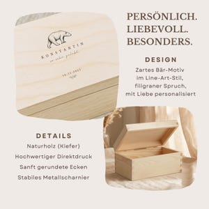 May include: A light-colored wooden box with a hinged lid, featuring a polar bear illustration and personalized text. The box is open in the lower right corner, revealing the interior. Text on the box includes "KONSTANTIN" and "16.11.2025".