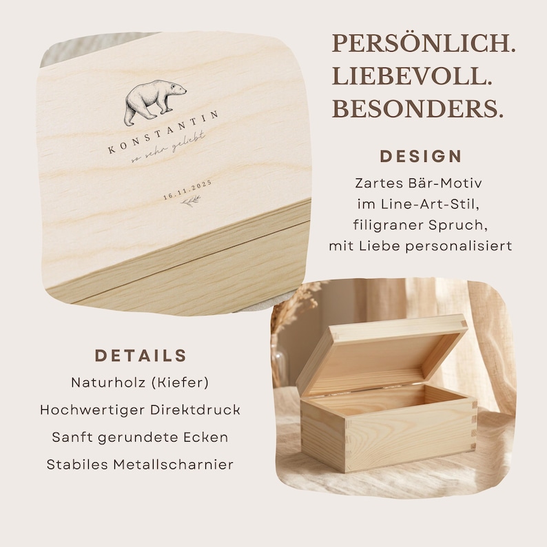 May include: A light-colored wooden box with a hinged lid, featuring a polar bear illustration and personalized text. The box is open in the lower right corner, revealing the interior. Text on the box includes "KONSTANTIN" and "16.11.2025".