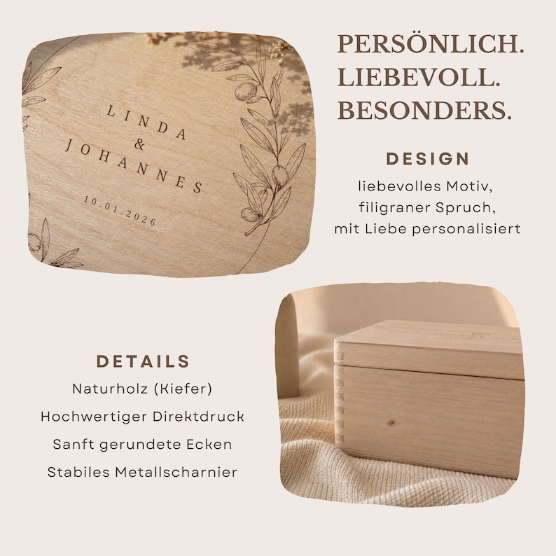 May include: A light-colored wooden box with a lid, featuring the names "LINDA & JOHANNES" and the date "10.01.2026" in a decorative font. The lid is adorned with a floral design. The box is made of natural wood and has rounded corners.