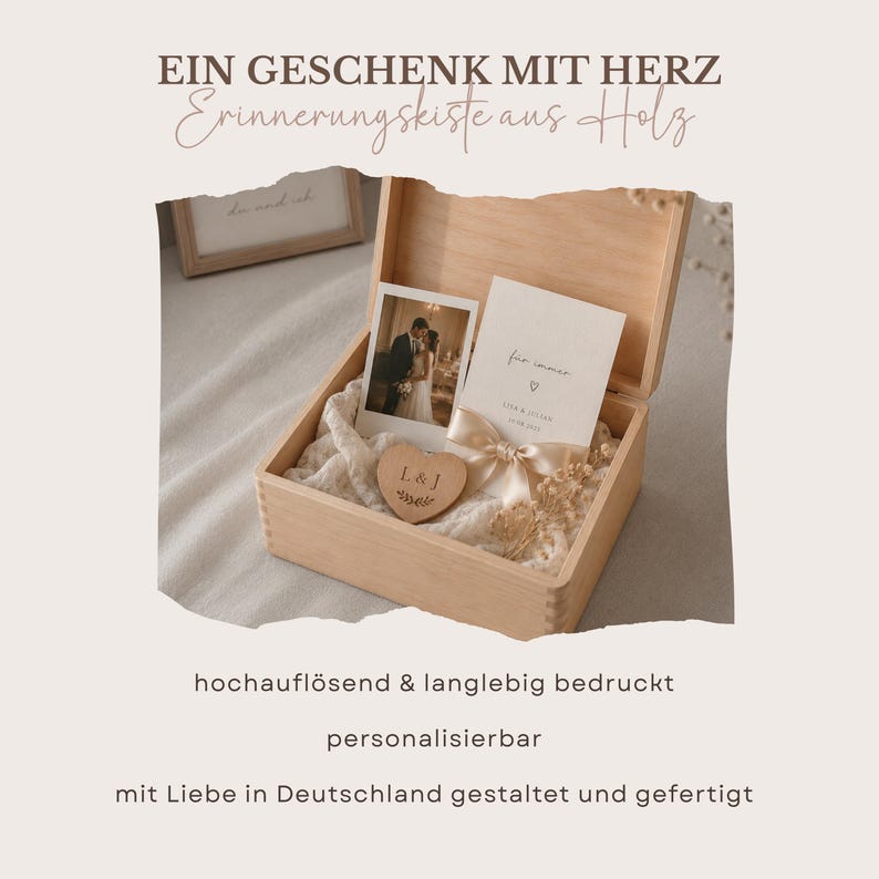 May include: A wooden keepsake box with a photo, card, and heart-shaped wooden ornament inside. The box is open, revealing the contents, and is tied with a ribbon. The text on the box reads "A gift with heart, memory box made of wood."