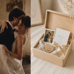May include: A wedding scene with a couple dancing and a wooden box with a photo, card, and heart-shaped wooden keepsake. The box contains a photo of the couple, a card with text, and a wooden heart with initials. The scene evokes a sense of romance and celebration.