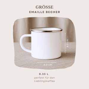 May include: White enamel mug with a silver rim and handle. The mug is 8.0 cm in height and 8.0 cm in diameter. The mug holds 0.33 L. Text on the image reads "GR&Ouml;SSE EMAILLE BECHER".