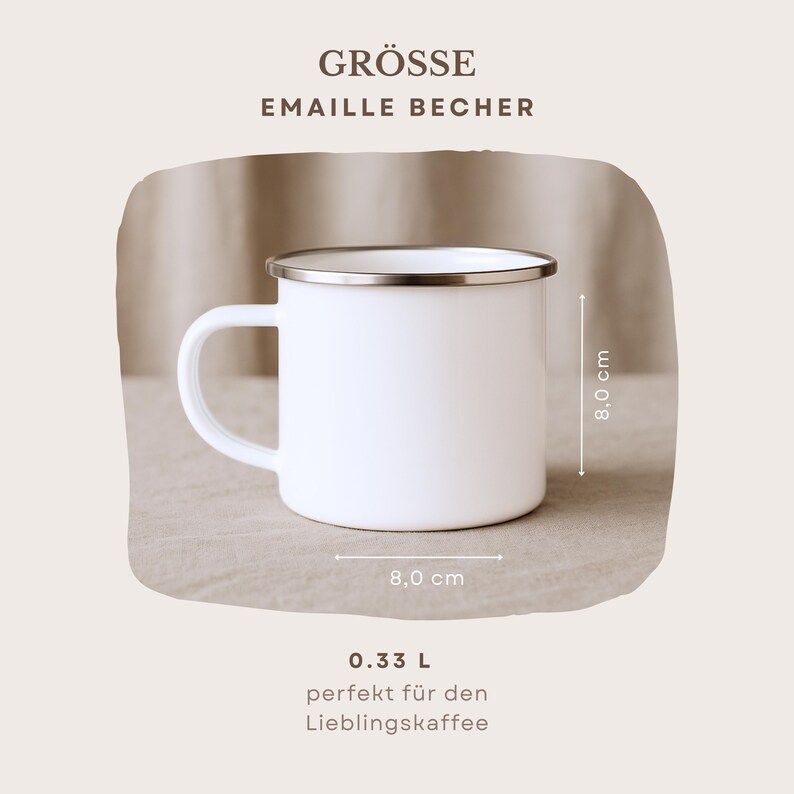 May include: White enamel mug with a silver rim and handle. The mug is 8.0 cm in height and 8.0 cm in diameter. The mug holds 0.33 L. Text on the image reads "GR&Ouml;SSE EMAILLE BECHER".