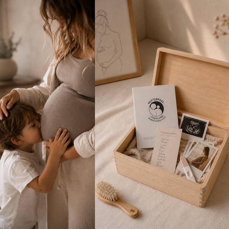 Op de afbeelding: Een zwangere persoon in een grijze geribbelde tanktop en beige broek wordt omhelsd door een kind dat hun buik kust. Een houten kist bevat een babyborstel, echofoto's, een zwangerschapstest en een boekje. Een ingelijste lijntekening van een zwangere persoon staat op de achtergrond.