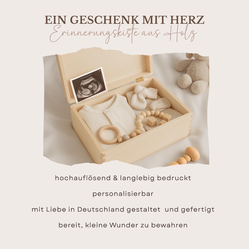 May include: A light-colored wooden keepsake box, open to reveal baby items. Inside are a onesie, booties, a wooden teething ring, and a beaded teether. The box also contains a sonogram photo. Text on the image reads "A gift with heart."