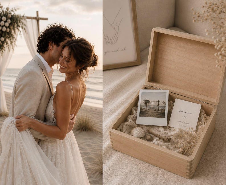 Puede incluir: Una caja de recuerdos de madera clara con tapa abatible, que contiene una fotograf&iacute;a cuadrada de un arco de boda en la playa, una peque&ntilde;a tarjeta blanca con texto, una concha marina y elementos florales secos sobre un forro de tela color crema.
