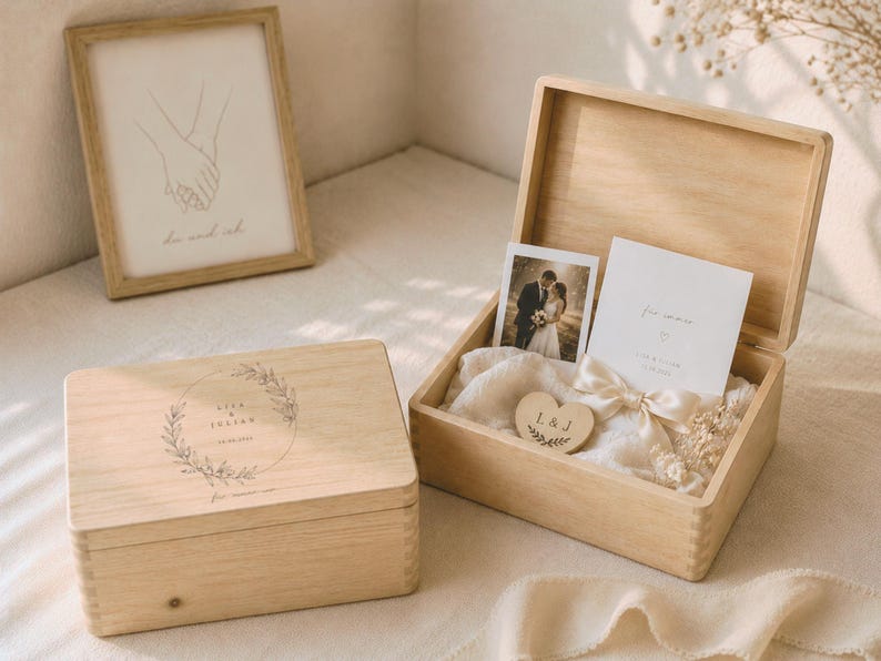 May include: Two wooden boxes, one closed and one open, with wedding-themed items. The open box contains a photo, card, and wooden heart. The closed box has a circular design with text. A framed line drawing of hands holding is in the background.