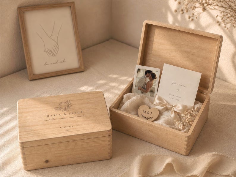 Puede incluir: Dos cajas de madera clara para recuerdos. Una caja est&aacute; cerrada y presenta un grabado de concha, los nombres Maria & Jakub y una fecha. La caja abierta contiene una fotograf&iacute;a de una pareja, una tarjeta con texto, una cinta crema y un coraz&oacute;n.