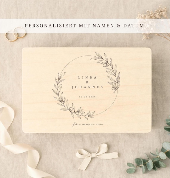 Personalisierte Erinnerungskiste Hochzeit aus Holz – Hochzeitsgeschenk Paar – Namen & Datum – Florales Kranz-Design – Wedding Memory Box