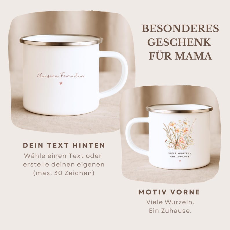 May include: Two white enamel mugs with silver rims. One mug has the text "Unsere Familie" and a heart. The other mug has a floral design and the text "VIELE WURZELN. EIN ZUHAUSE." Text reads "BESONDERES GESCHENK F&Uuml;R MAMA."