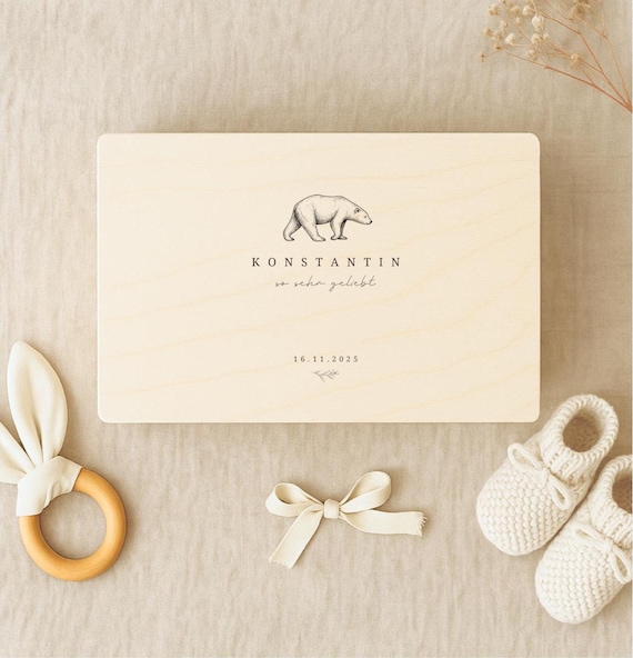 Personalisierte Erinnerungsskiste Baby – Holzbox Bär mit Name & Datum | Hergestellt in Deutschland | Geschenk zur Geburt, Taufe, Geburtstag