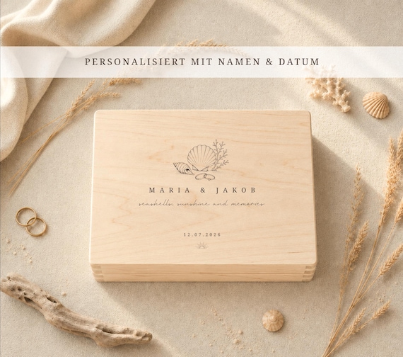 Personalisierte Hochzeitskiste aus Holz – Muschel Design mit Namen & Datum – Geschenk für Brautpaar