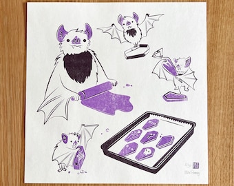 Baker Bats Risograph Print, 11x11in