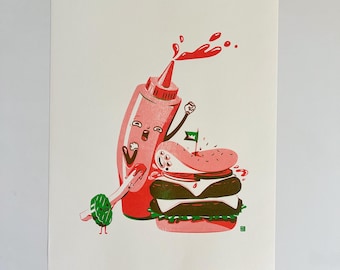 Fast Food Fight Risograph Print, 14x11in