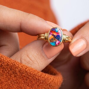 Pink Oyster Copper Turquoise Ring Handmade 18K Gold Plated Boho Statement Ring Artisan Gemstone Ring for Women,Colorful Southwestern Jewelry